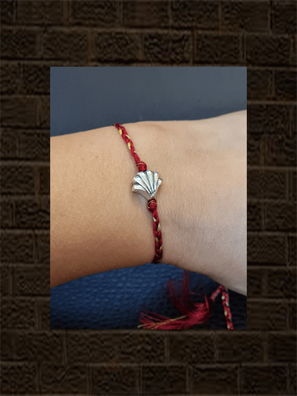 Maroon and gold thread oxidised shell design sterling silver rakhi - Odara Jewellery