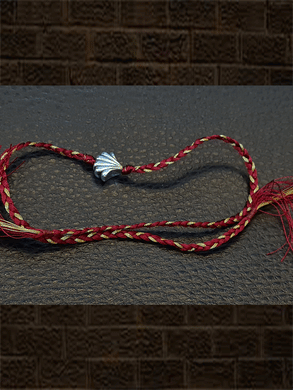 Maroon and gold thread oxidised shell design sterling silver rakhi - Odara Jewellery
