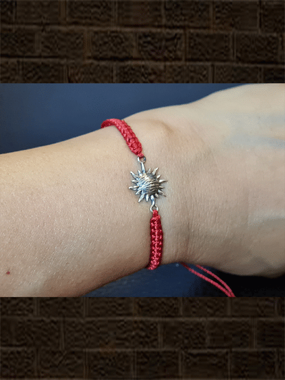 Maroon pull on thread oxidised sterling silver sun design rakhi - Odara Jewellery