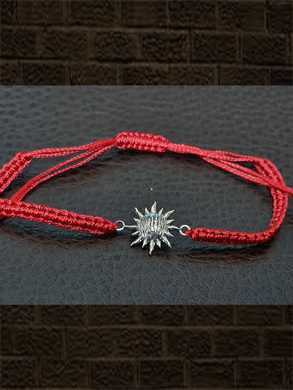 Maroon pull on thread oxidised sterling silver sun design rakhi - Odara Jewellery