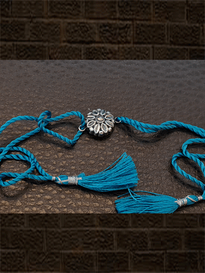 Ferozi thread oxidised flower design sterling silver rakhi - Odara Jewellery