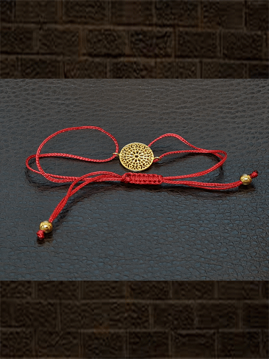 Red pullon dori sterling silver circular gold plated rakhi with two gold beads - Odara Jewellery