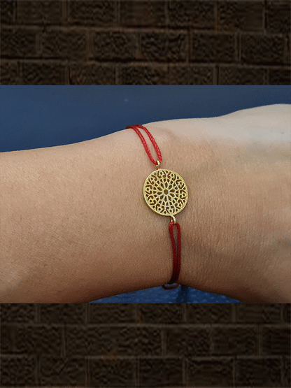 Red pullon dori sterling silver circular gold plated rakhi with two gold beads - Odara Jewellery