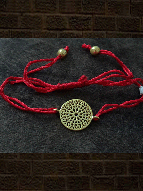 Red pull-on thread gold plated sterling silver round flower cutout design rakhi - Odara Jewellery