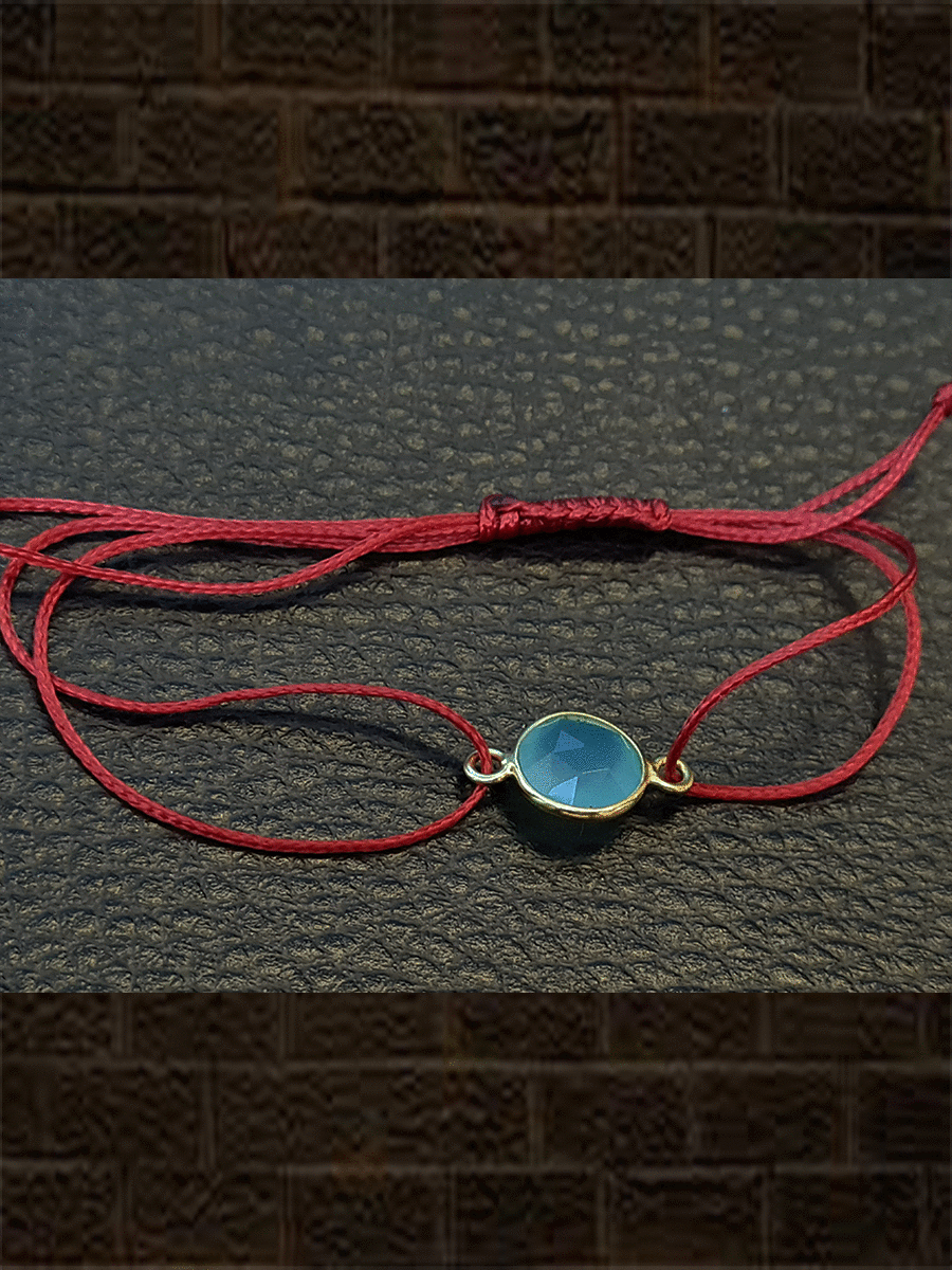 Red pull on thread aqua chalcedony briolette gold plated sterling silver rakhi - Odara Jewellery
