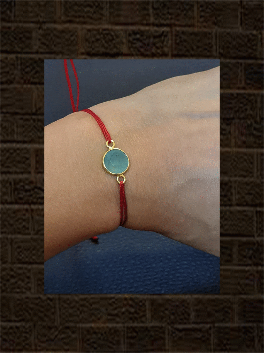 Red pull on thread aqua chalcedony briolette gold plated sterling silver rakhi - Odara Jewellery