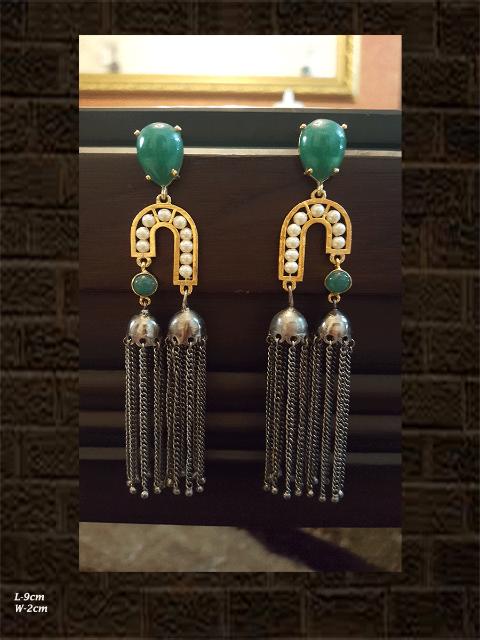 GREEN stone double jhoomki earring with tassel in black and gold polish
