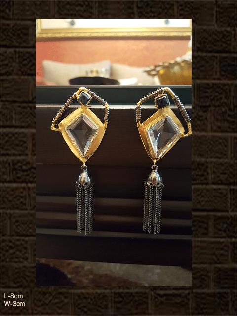 Transparent long tassel earring in black and gold polish