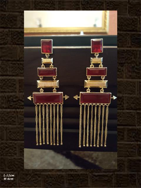 Red rectangular stones with long chains earring