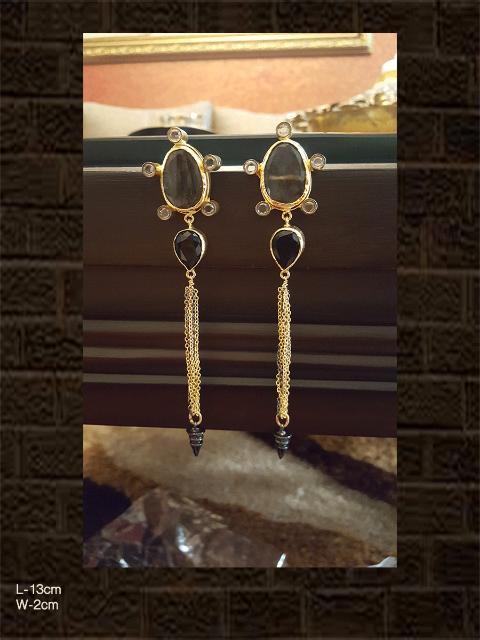 Smoky and black stone long earring with black and gold polish