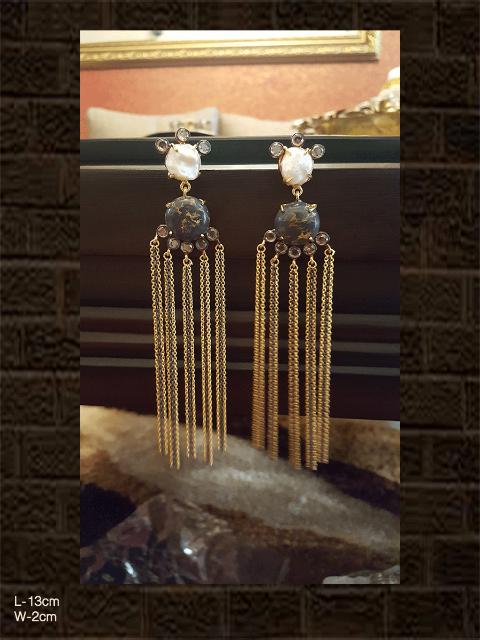 White and black stone long chain earrings in gold and black polish