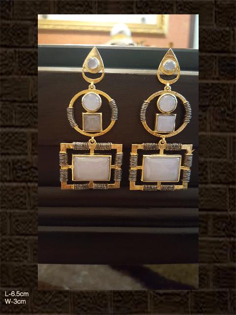 Golden and black polish handmade pink stone earrings