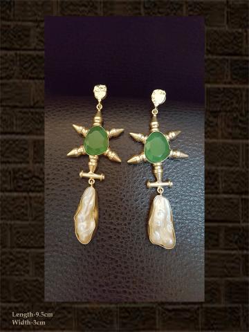 MOP and aqua green stone long earring