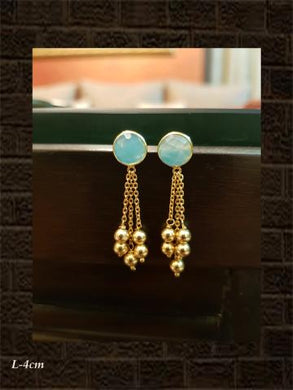 Aqua chalcedony checker earring with chain tassel