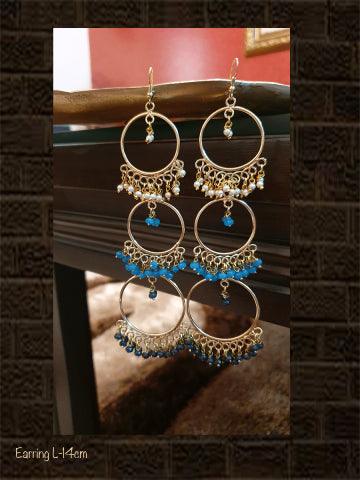 Three ring long handmade earring with white,ferozi and navy-blue beads - Odara Jewellery