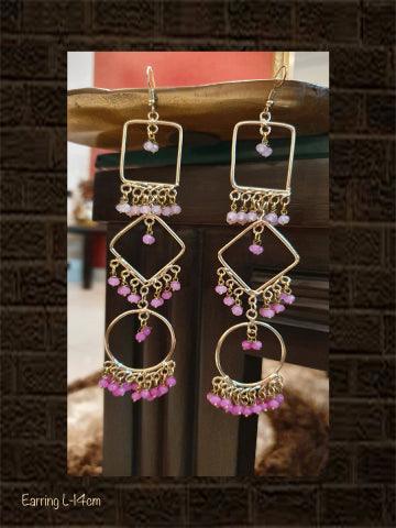 Long handmade earrings with three different beads of pink colour - Odara Jewellery