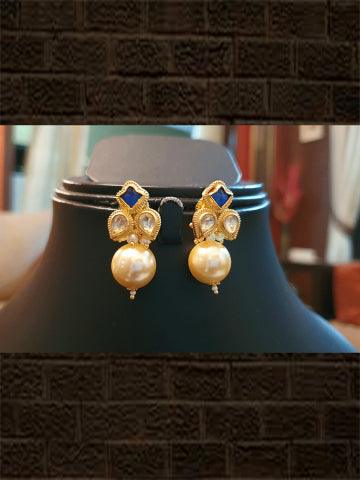 Blue stone and kundan flower with pearl drop - Odara Jewellery