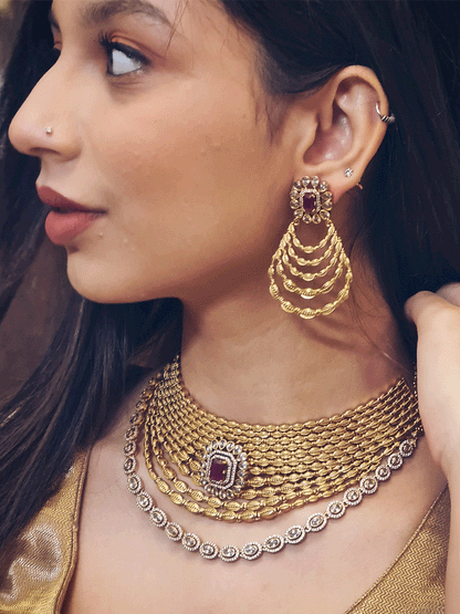 Broad four layer polki and AD studded set with rectangular stone tukdi in the center - Odara Jewellery