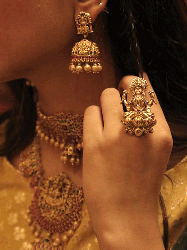 Laxmiji design adjustable ring with ruby stone - Odara Jewellery
