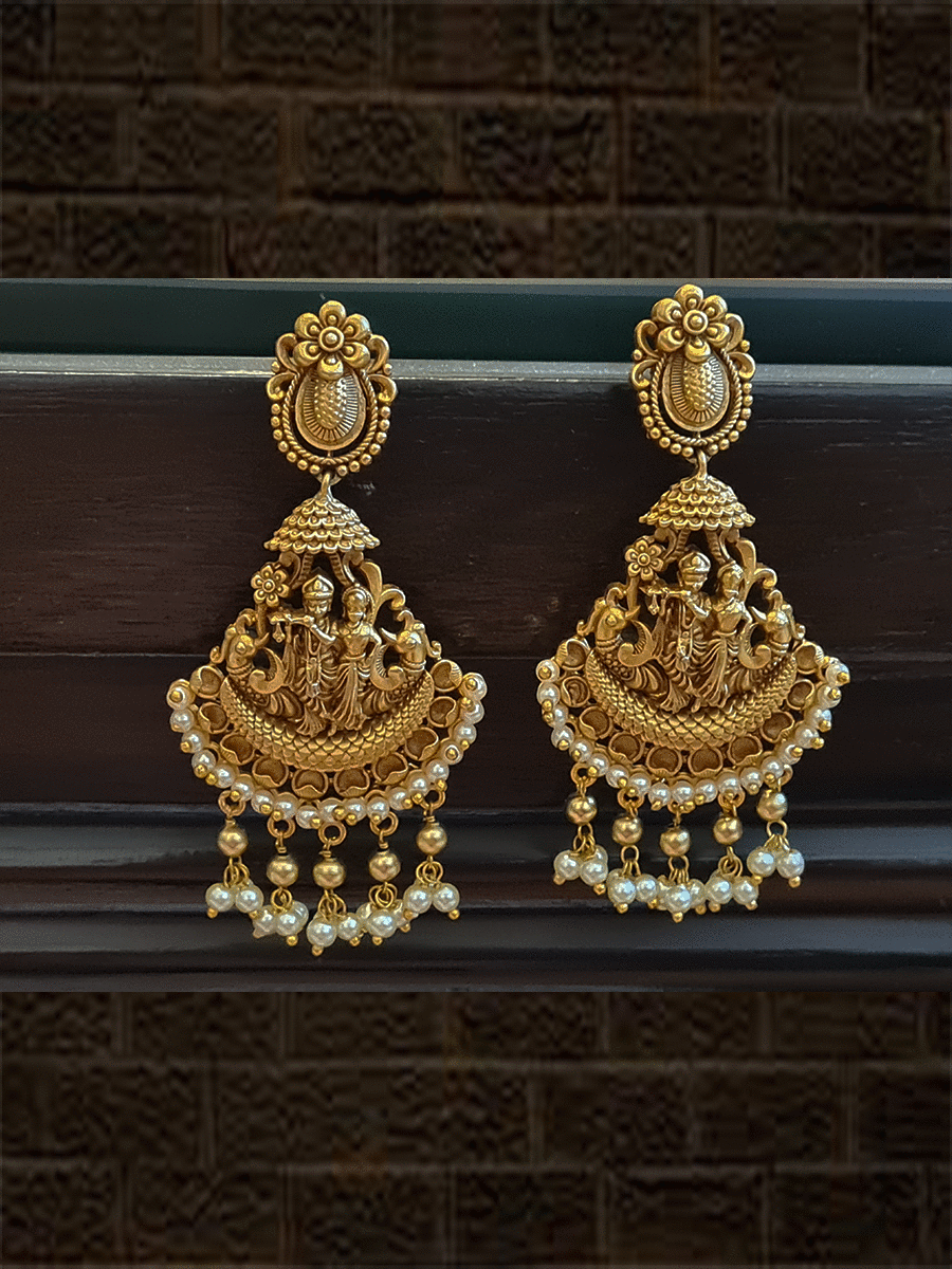 Radha krishna broad set with ruby stones and leaf design and pearly hangings - Odara Jewellery