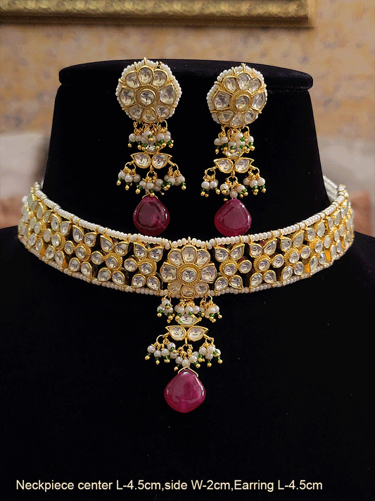 Flower design paachi kundan chik set with coloured drops